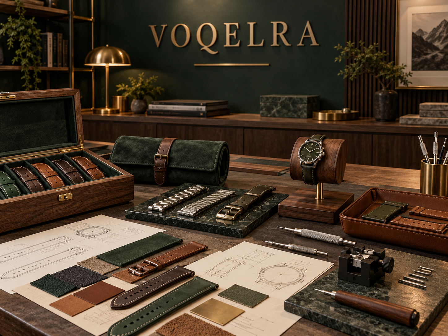 Voqelra horology atelier with leather and metal watch bands, wooden watch box, suede travel case, display stand and precision tools